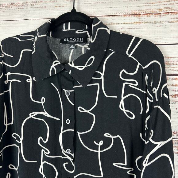 Womens Eloquii Black White Abstract Print Button Up Blouse Long Sleeve Career 20 - Picture 2 of 6